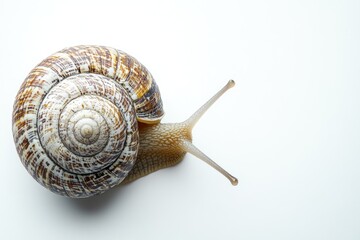 Snail crawling on white background leaving slimy trail