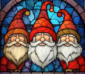 Three gnomes with bushy white beards in colorful stained glass art.
