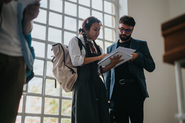 Two students engage in a discussion with their professor in a university hallway. The setting suggests academic collaboration and guidance.