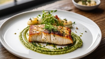 Cod fillet with a crust of pesto sauce surrounded by side dishes.