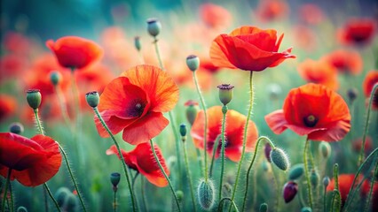 Naklejka premium Soft focus field of red poppies, ideal for nature and floral photography