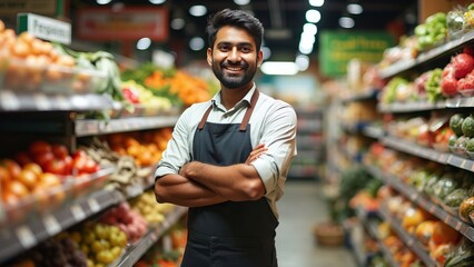 Confident Grocery Store Employee in Produce Aisle Smiling