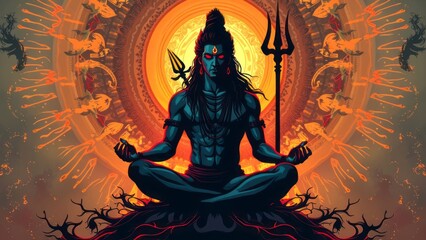 Lord Shiva, Vibrant Artistic Depiction of Meditation