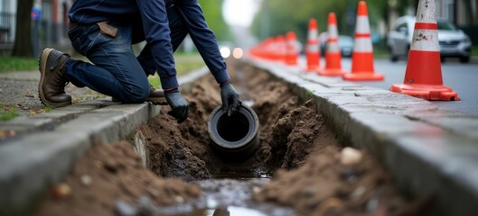 Construction Worker Installing New Pipe in Urban Street Trench