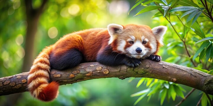 Red panda sleeping on branch in tree