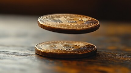 Two Bitcoin coins appear to hover above a wooden surface, symbolizing cryptocurrency and value.