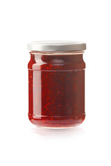 Glass jar with raspberry jam