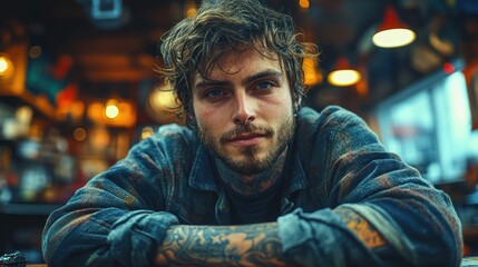Obraz premium A young man with a beard and tattoos sits at a bar, looking directly at the camera.