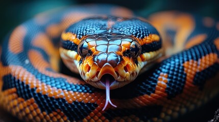 Fototapeta premium A close-up of a python's head, with its forked tongue extended. The snake's scales are brightly colored, with black, orange, and white patterns.