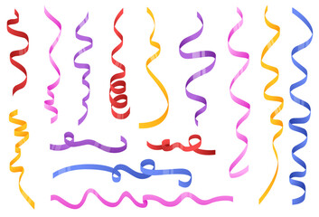 Curled serpentine ribbons. Different shape and colors. Festive decorations. Holiday accessories. Confetti spirals. Anniversary strings. Carnival tinsel. Birthday party elements vector set