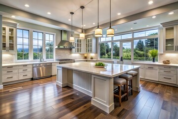 Spacious kitchen with island and windows, ideal for home renovation projects