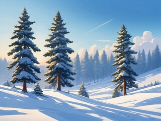 Naklejka premium Winter landscape with snow-covered trees and blue sky in an artistic style