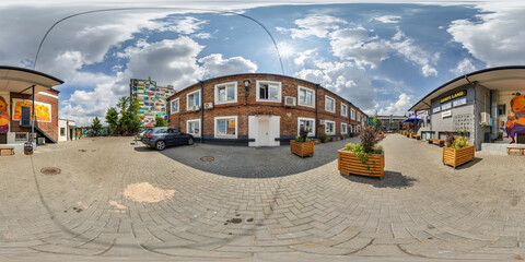 MINSK, BELARUS -  May 5, 2024: 360 hdri panorama on street in courtyard or backyard of city bystreet with graffiti on walls in equirectangular projection, ready for VR AR virtual reality content