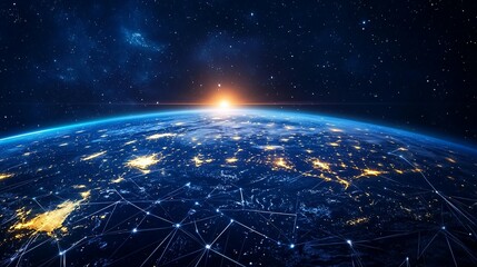 Obraz premium Earth with a Global Network of Interconnected Lines and Cities Illuminated at Night