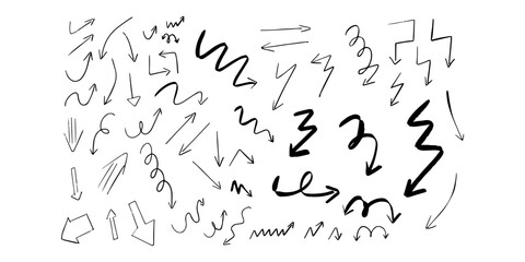 Arrows. Set of trendy doodle and abstract random icons on isolated background. Big element collection, unusual organic shapes in freehand style.