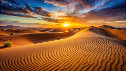 Naklejka premium Spectacular sand dunes in Sahara desert during sunset with blurred background