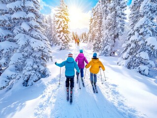 Friends Enjoying a Ski Adventure in Snowy Landscape