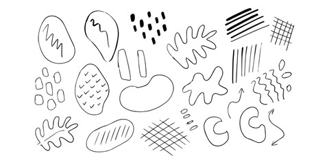 Set of trendy doodle and abstract random icons on isolated background. Big element collection, unusual organic shapes in freehand style.
