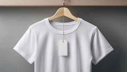Simple white T-shirt displayed on a wooden hanger with a blank tag, showcasing minimalist fashion style. Generative AI