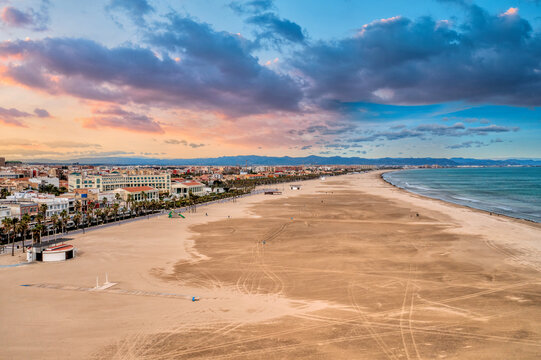 Malvarrosa beach Valencia aerial shot at sunset.