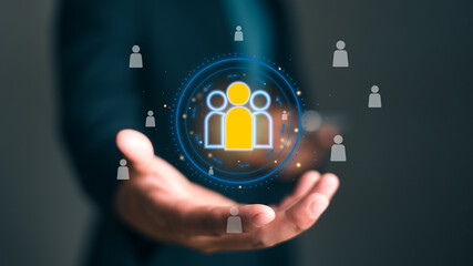 CRM, Customer Relationship Management concept: Businessman holding executive's select Human Resource Network Structure HR, effective management and recruitment, build system Customer management.