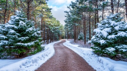 Winding Path Through Snowy Evergreen Forest