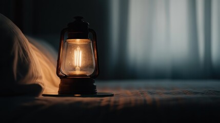 The glowing lantern on a bedside table creates a warm atmosphere in the bedroom, illuminating the soft pillow and casting gentle shadows on the walls.