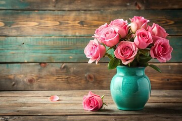 Pink roses in turquoise vase on rustic wooden table with copy space silhouette
