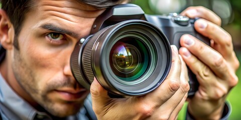 Professional Photographer Adjusting Camera Lens in a Close-up Shot  A close-up view of a professional photographer adjusting the lens of a DSLR camera, focusing on the precision and attention to detai