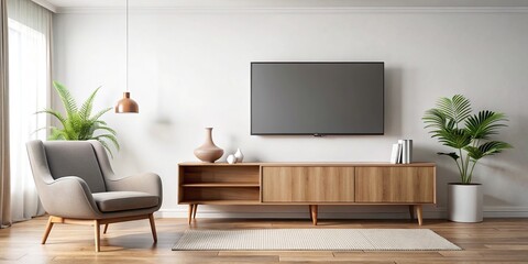 mock up wall mounted tv, cabinet, armchair, white wall background, reflected