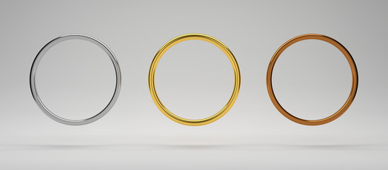 Realistic golden, silver, copper rings set, falling 3d jewelry accessories. Decorative design...