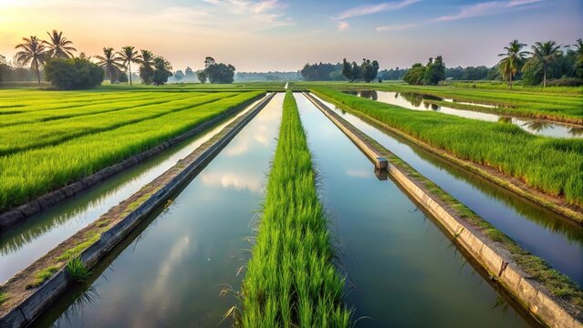 Symmetrical water channels with rice fields, grass, and trees