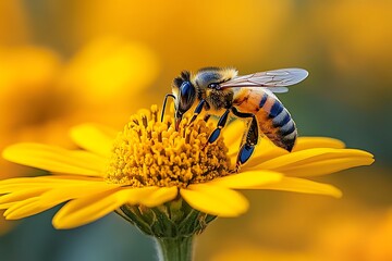 A bee perched on a bright yellow flower, collecting pollen.