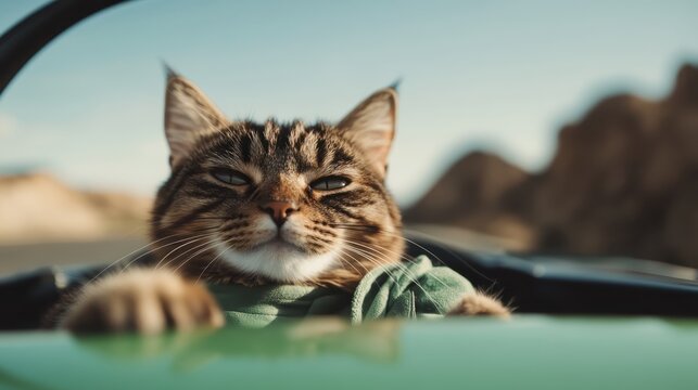 A close-up of a striped cat driving with a focused expression, suggesting a humorously independent adventure on a scenic, open road in clear weather.