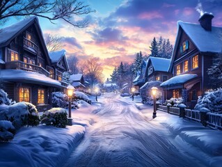 Fototapeta premium Snowy Street with Cozy Houses Under a Pink Sky