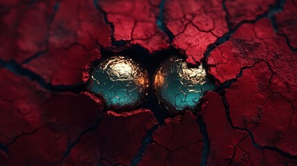 Two golden balls are partially buried in a vibrant red cracked earth, creating an artistic contrast...