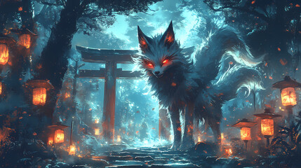 Naklejka premium Kitsune Yokai at Glowing Torii Gate: Mystical Anime Art