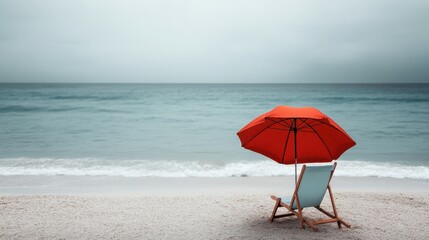 A solitary blue chair with a vibrant red umbrella set on a serene sandy beach, overlooking the calm ocean, perfect for a peaceful day of relaxation.