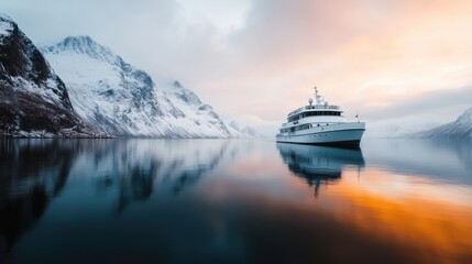 A luxurious yacht glides gracefully on a calm fjord, surrounded by snow-dusted mountains and illuminated by the warm glow of a stunning sunset.