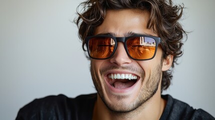 A young man with curly hair and sunglasses enjoys a moment of laughter indoors during a sunny day