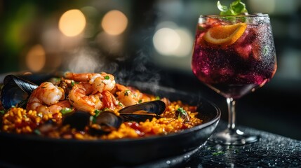A steaming hot plate of paella brimming with succulent seafood is paired with a refreshing sangria, capturing the essence of Spanish culinary artistry.