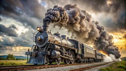 Fototapeta premium Steam engine train emitting smoke on tracks