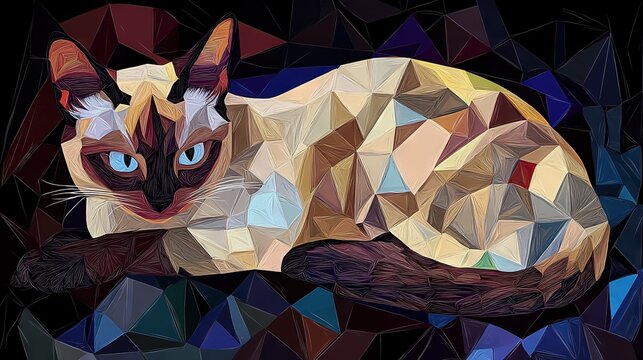   A Siamese cat lying on an art piece resembling polygonic design