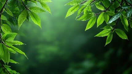 Fototapeta premium Morning dew clings to vibrant leaves in a serene forest, where soft light filters through the trees, creating a peaceful atmosphere in nature