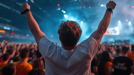 A person raises their arms in joy while enjoying a vibrant musical performance at a crowded festival, fully immersed in the electrifying atmosphere among fellow fans