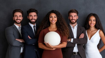 A diverse group of young adults stands together in stylish formal attire, exuding confidence. The central figure holds a decorative sphere, highlighting their teamwork and professionalism