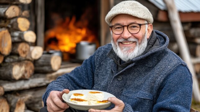 A cheerful man sits outside a wooden cabin, holding a plate of freshly baked treats. The warm glow from a nearby fire creates a cozy atmosphere, evoking a sense of comfort and enjoyment