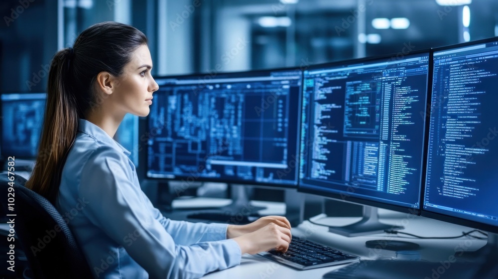 Poster a software developer concentrates while coding on several computer monitors in a well-lit, contempor
