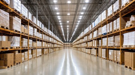 The interior of a spacious warehouse showcases tall shelves lined with neatly arranged cardboard boxes
