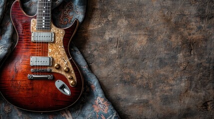 Obraz premium An electric guitar with a rich, warm finish lies on top of a detailed vintage patterned fabric, merging music with artistic design and retro aesthetics.